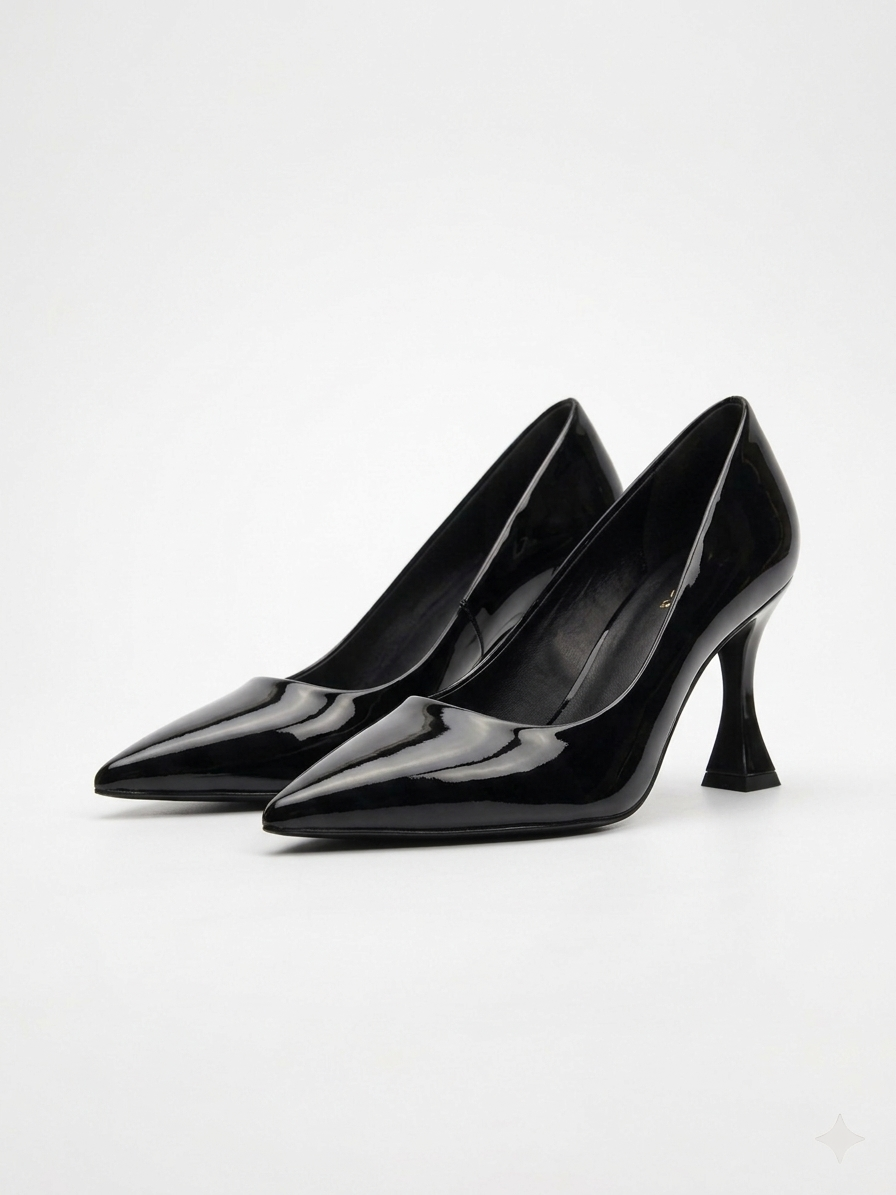 Céleste Noir — Escarpin Vernis Talon Sculpté MD-B5-BLACK
